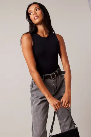 Black Bodysuit Sleeveless Crew Neck Seamless