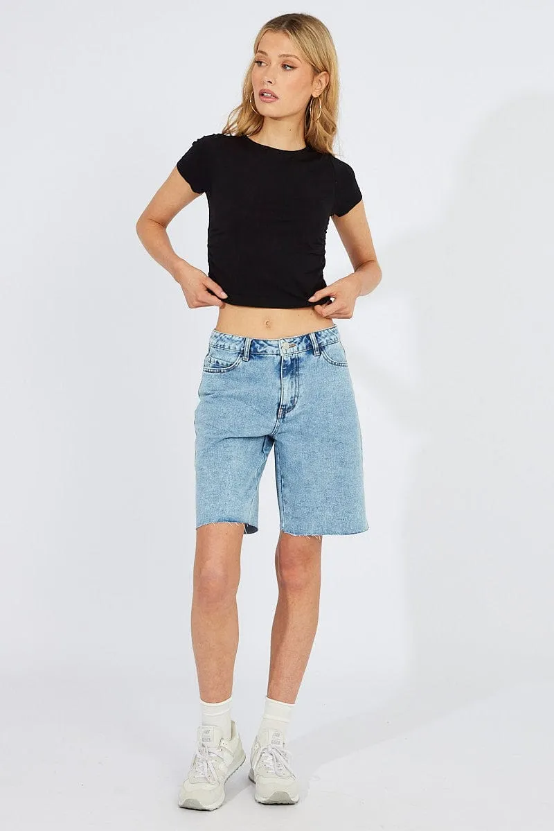 Black T Shirt Short Sleeve Crew Neck Ruched Seamless