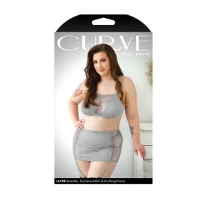 Fantasy Lingerie Curve Layne Lace Panel Bralette. Matching Gartered Skirt & G-String Panty Gray 3XL/4XL