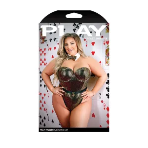 Fantasy Lingerie Play High Roller Costume Sequined Bodysuit With Molded Cups. Snap Closure. & Bowtie Collar Gold 3XL/4XL