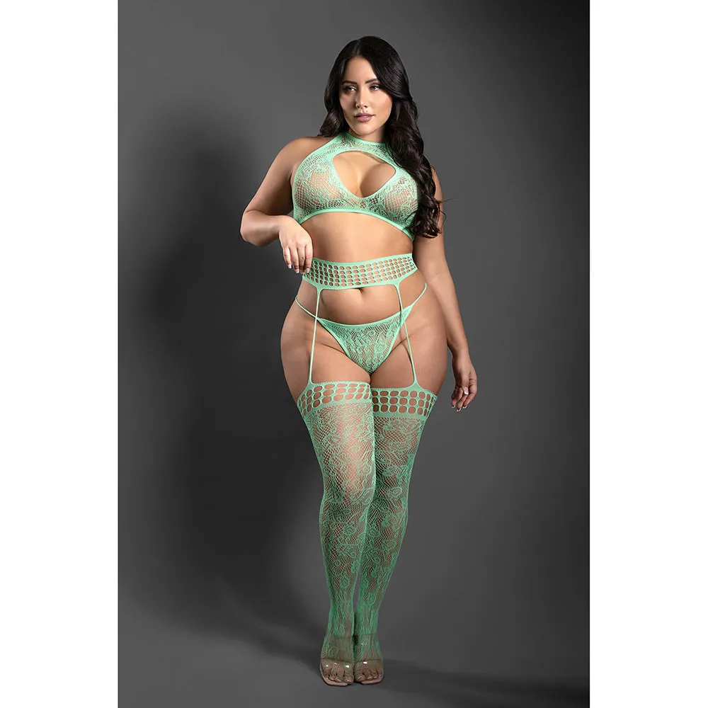 Fantasy Lingerie Sheer Heart Of Glass Lace Knit Halter Tie Top. G-String & Gartered Stockings Seaglass Green Queen Size