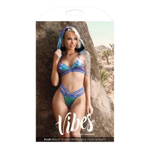 Fantasy Lingerie - Vibes Plur Bralette with Removable Hood and Panty Set S/M (Iridescent Blue)