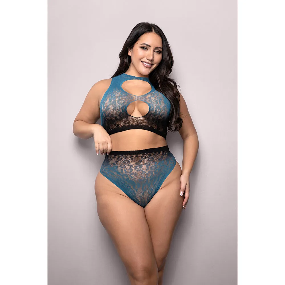 Fantasy Lingerie Vixen Deep Dive Ombré Leopard Knit Cut-Out Top & Panty Black/Blue Queen Size