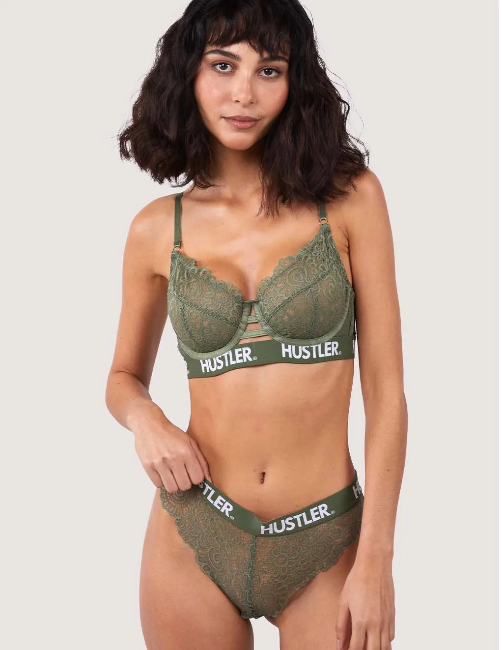 HUSTLER® Logo Lace Brief Olive