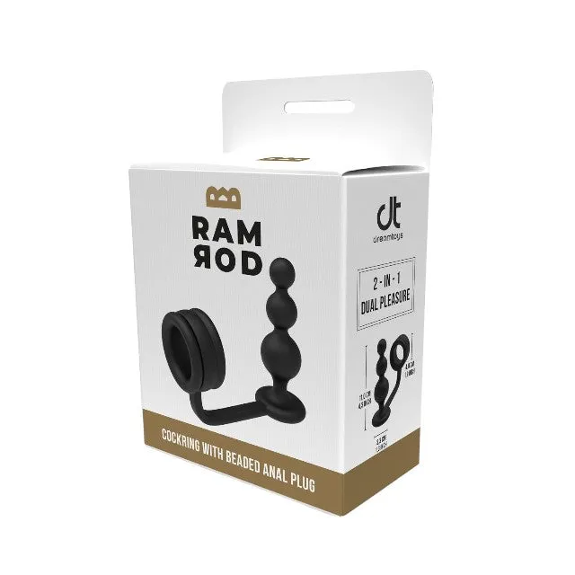 Inel pentru penis cu plug anal DREAMTOYS RAMROD 2-In-1 Dual Pleasure. lungime 11 cm. din silicon. negru
