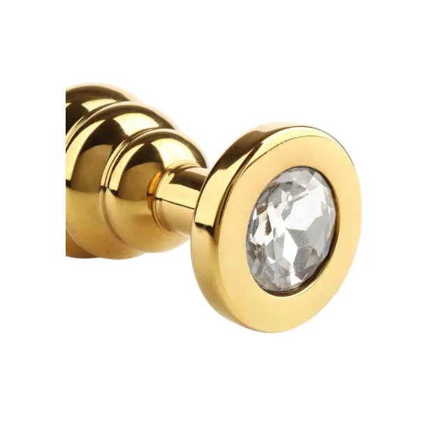 Plug anal MR. STEEL Twister Butt Plug Large. din oțel inoxidabil. cu striații și bază cu cristal. lungime 10 cm (mare). auriu