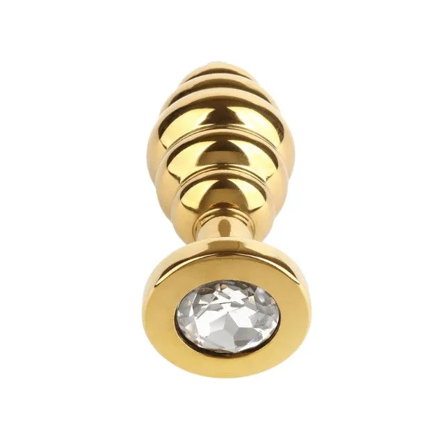 Plug anal MR. STEEL Twister Butt Plug Large. din oțel inoxidabil. cu striații și bază cu cristal. lungime 10 cm (mare). auriu
