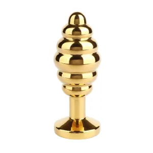 Plug anal MR. STEEL Twister Butt Plug Large. din oțel inoxidabil. cu striații și bază cu cristal. lungime 10 cm (mare). auriu
