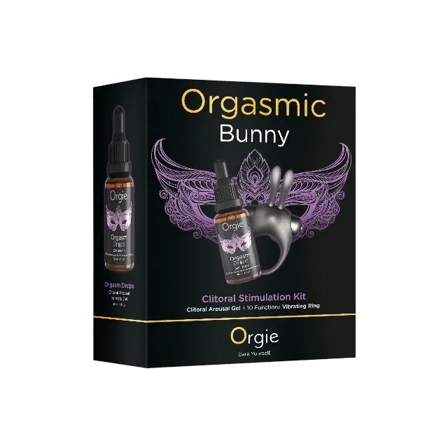 Set ORGIE Orgasmic Bunny. gel intim Orgasm Drops cu efect de răcire și încălzire   inel pentru penis cu 10 funcții de vibrație (mov)