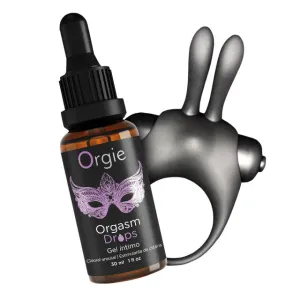 Set ORGIE Orgasmic Bunny. gel intim Orgasm Drops cu efect de răcire și încălzire   inel pentru penis cu 10 funcții de vibrație (mov)