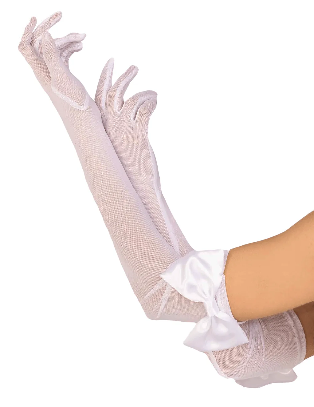 Sheer Mesh Opera Length Satin Bow Top Gloves