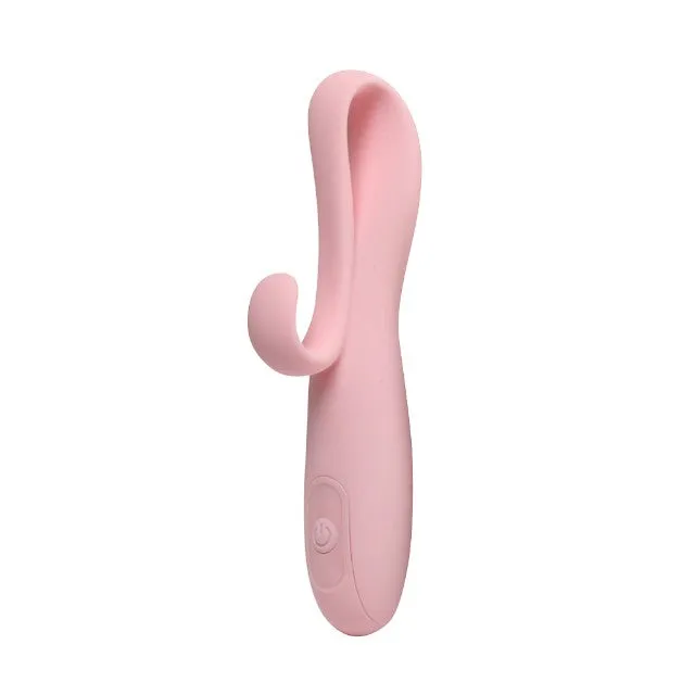 Vibrator cu stimulator INTY TOYS FLARE. din silicon moale. 10 funcții de vibrație. rezistent la apă IPX6. culoare roz