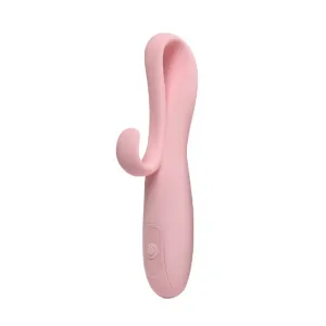 Vibrator cu stimulator INTY TOYS FLARE. din silicon moale. 10 funcții de vibrație. rezistent la apă IPX6. culoare roz