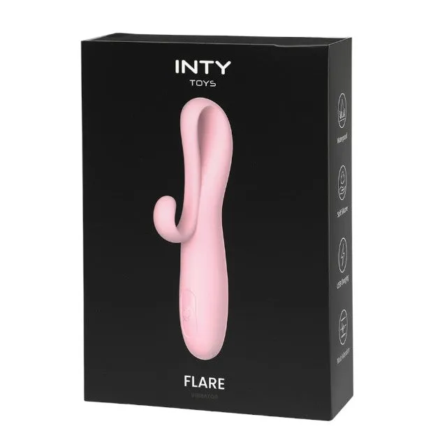 Vibrator cu stimulator INTY TOYS FLARE. din silicon moale. 10 funcții de vibrație. rezistent la apă IPX6. culoare roz