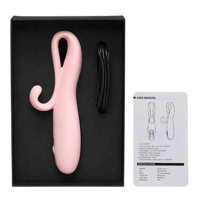 Vibrator cu stimulator INTY TOYS FLARE. din silicon moale. 10 funcții de vibrație. rezistent la apă IPX6. culoare roz