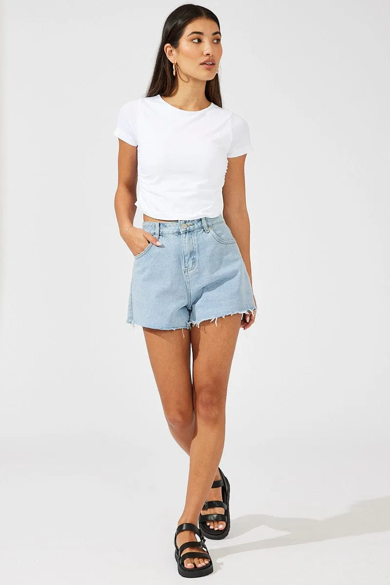 White T Shirt Short Sleeve Crew Neck Ruched Seamless